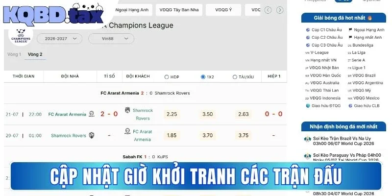 Cập nhật giờ khởi tranh các trận đấu